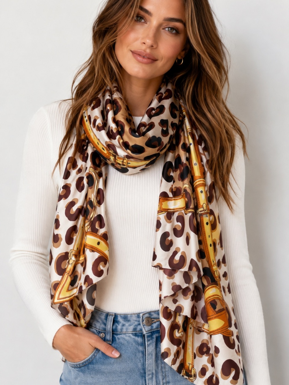 100% Silk Luxury Leopard Print Scarf with Gold Chain Accent - Women Accessories